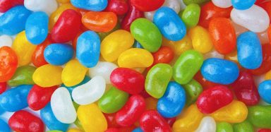 Green, red, blue and green jelly beans.